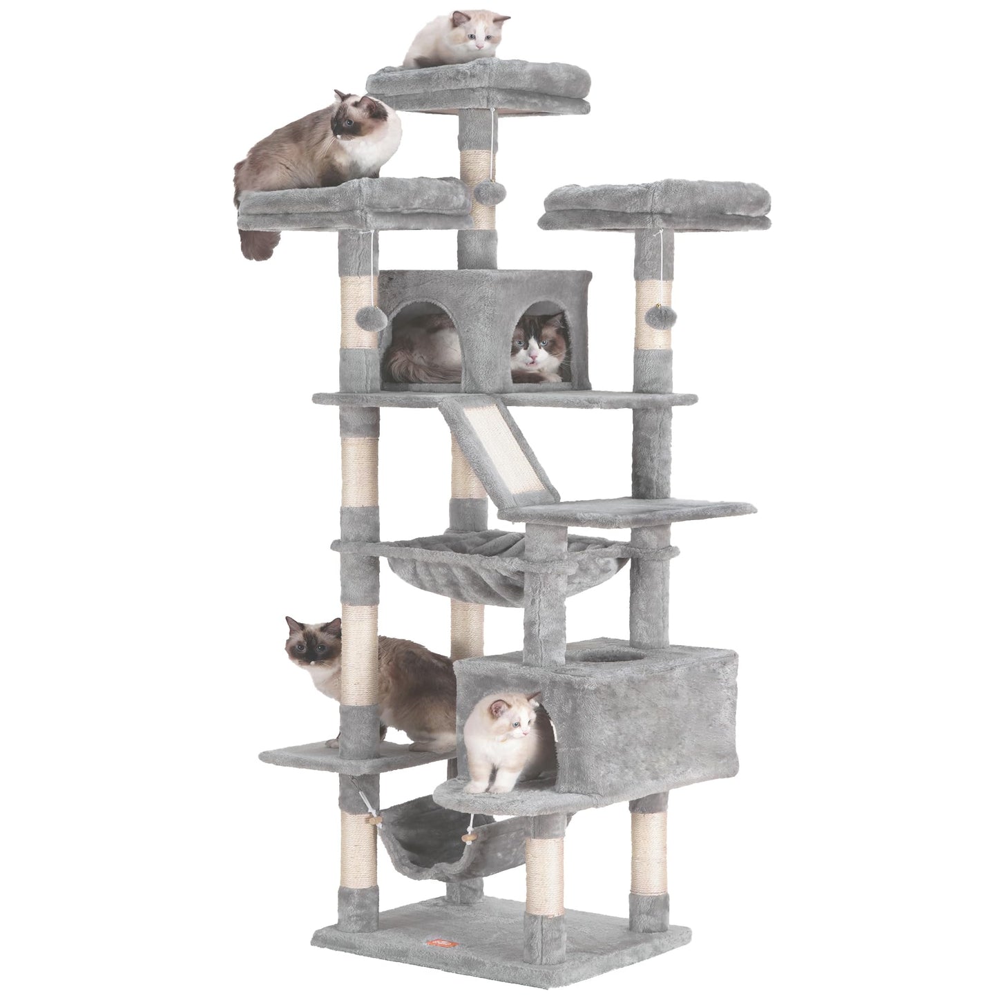Heybly Cat Tree, 73 inches Tall Cat Tower for Large Cats 20 lbs Heavy Duty for Indoor Cats,Big Cat Furniture Condo for with Padded Plush Perch, Cozy Basket and Scratching Posts Light Gray HCT030W
