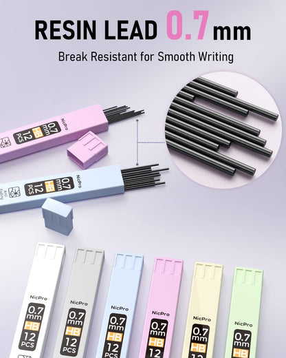 Nicpro 6PCS Pastel Mechanical Pencil Set 0.7 mm, Cute Mechanical Pencils with Comfort Grip with 12 Tubes HB Lead Refill, 3 Eraser, 9 Eraser Refills for Student Writing, Drawing, Sketching- with Case