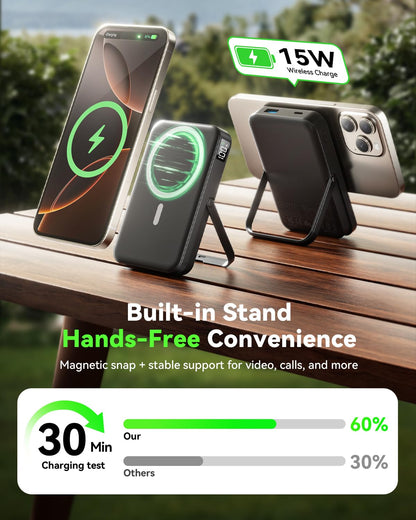 LENUTO for Magsafe Battery Pack 10000mAh Power Bank with Foldable Stand Portable Charger, PD 22.5W Fast Charge, Dual USB-C & USB-A Outputs, Wireless Charger for iPhone 16/15/14/13/12 Series–Black