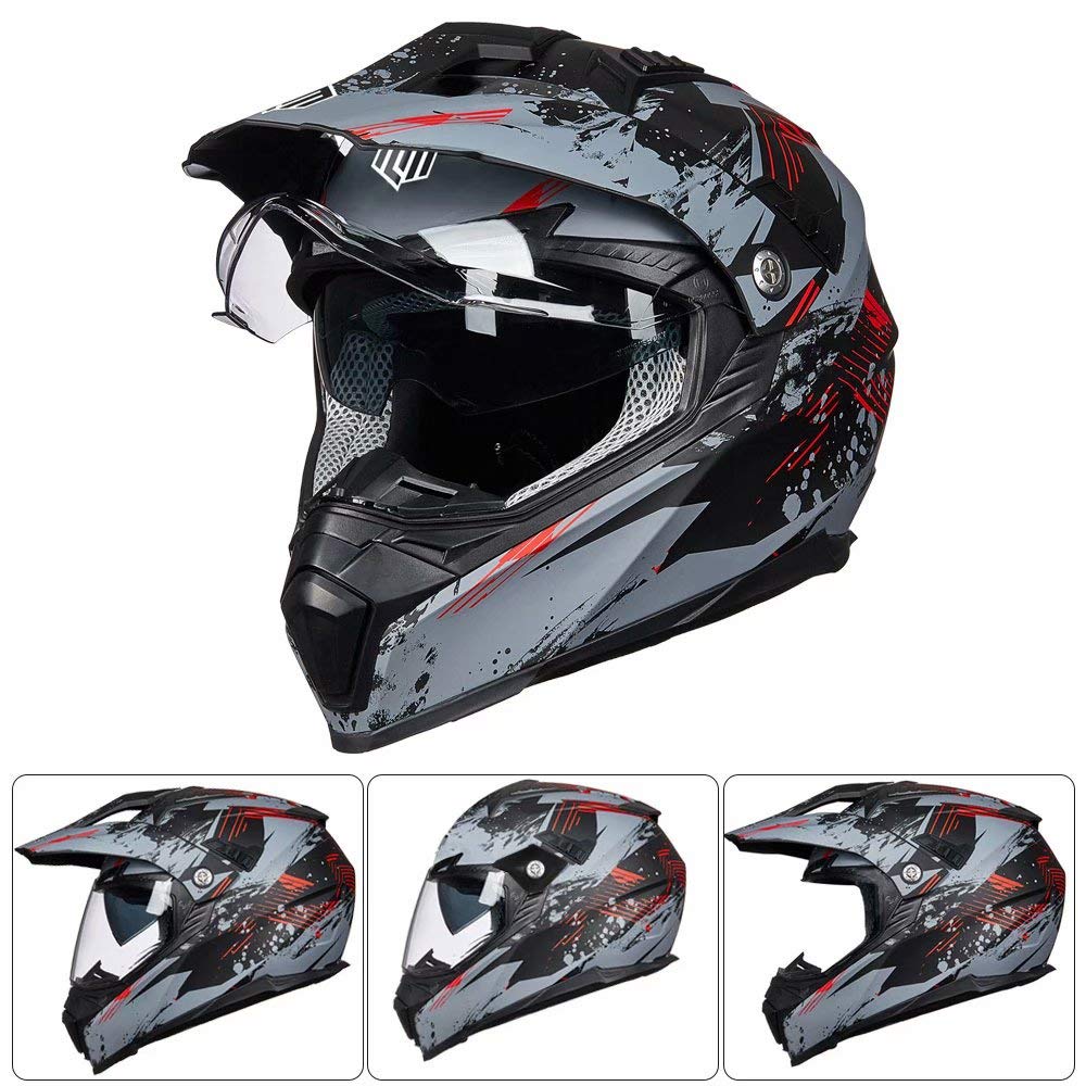 ILM Off Road Motorcycle Dual Sport Helmet Full Face Sun Visor Dirt Bike ATV Motocross Casco DOT Certified Model 606V(Grey Red, L)