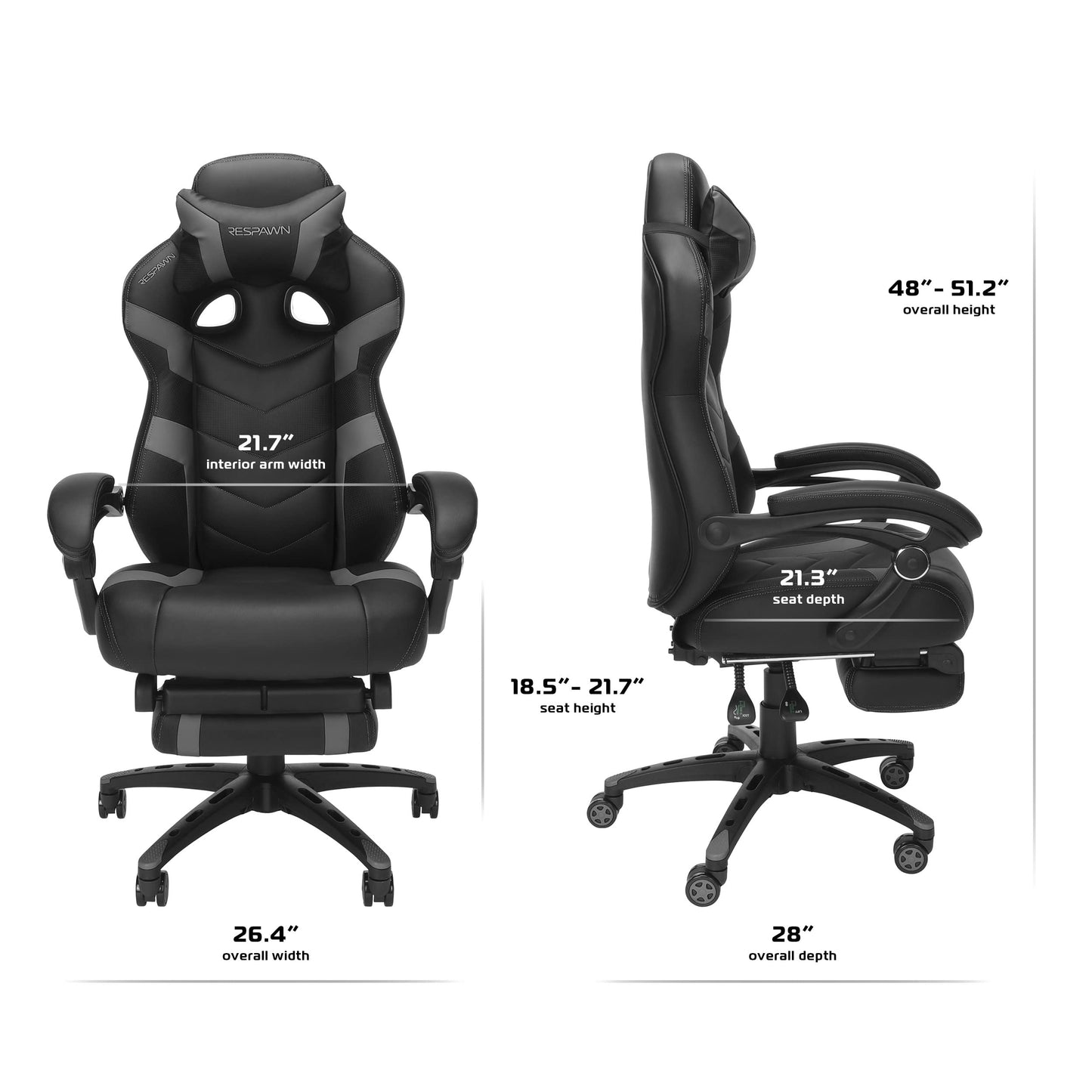 RESPAWN 110 Pro Gaming Chair - Gaming Chair with Footrest, Reclining Gaming Chair, Video Gaming Computer Desk Chair, Adjustable Desk Chair, Gaming Chairs For Adults With Headrest Pillow - Grey