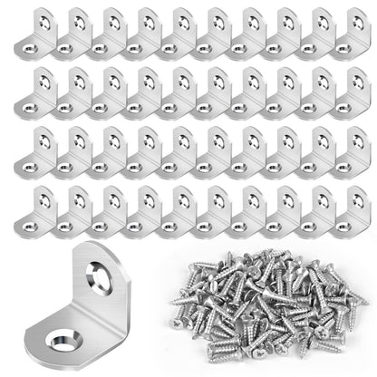 40 Pcs L Bracket Stainless Steel Corner Brace Sets, 90 Degree Right Angle Brackets with 80 Pcs Screws, L Bracket Firmware for Wooden Shelves, Chairs, Tables, Dressers, Furniture (Silver)
