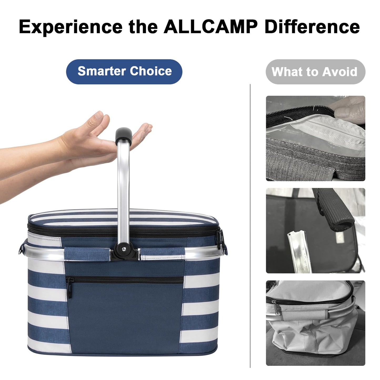 ALLCAMP Insulated Picnic Baskets Shoping Basket Cooler Bag Collapsible Portable Picnic Basket (Blue White Stripe)