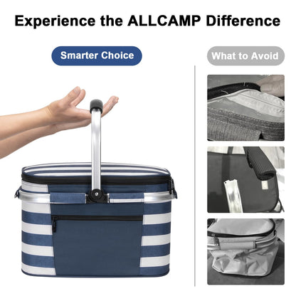 ALLCAMP Insulated Picnic Baskets Shoping Basket Cooler Bag Collapsible Portable Picnic Basket (Blue White Stripe)