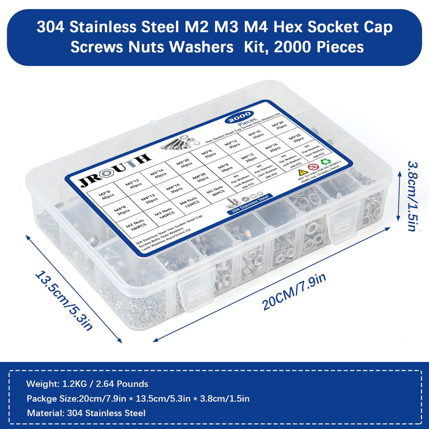 JROUTH 2000PCS M2 M3 M4 M5 Hex Socket Head Cap Screws，Bolts Nuts Washers Spring Washers Assortment Kit, 304 Stainless Steel Hex Socket Cap Metric Screws with Wrenches and Tweezers