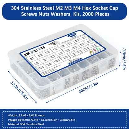 JROUTH 2000PCS M2 M3 M4 M5 Hex Socket Head Cap Screws，Bolts Nuts Washers Spring Washers Assortment Kit, 304 Stainless Steel Hex Socket Cap Metric Screws with Wrenches and Tweezers