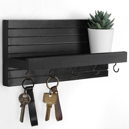 Lwenki Decorative Key Holder for Wall with Shelf, Entryway Shelf with Hooks Holds Leashes, Jackets and Glasses – Sturdy Wood Keyholder Entrance Hanger with Mounting Hardware (Black)
