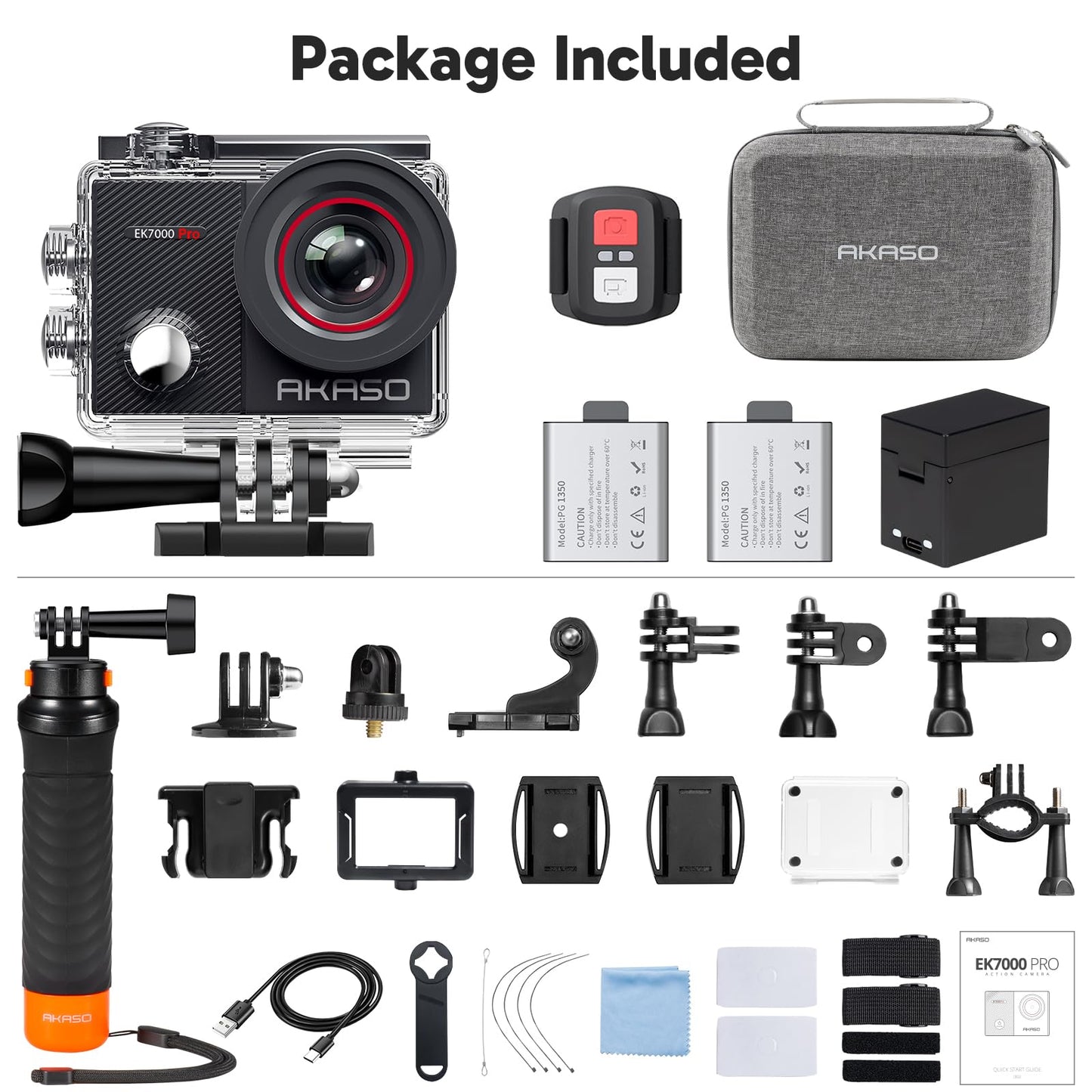 AKASO EK7000 Pro 4K30 Action Camera with Touch Screen EIS 131FT Waterproof Underwater Camera 5X Zoom Remote Control with Waterproof Floating Hand Grip Bundle and Carrying Case Accessories Kit Bundle