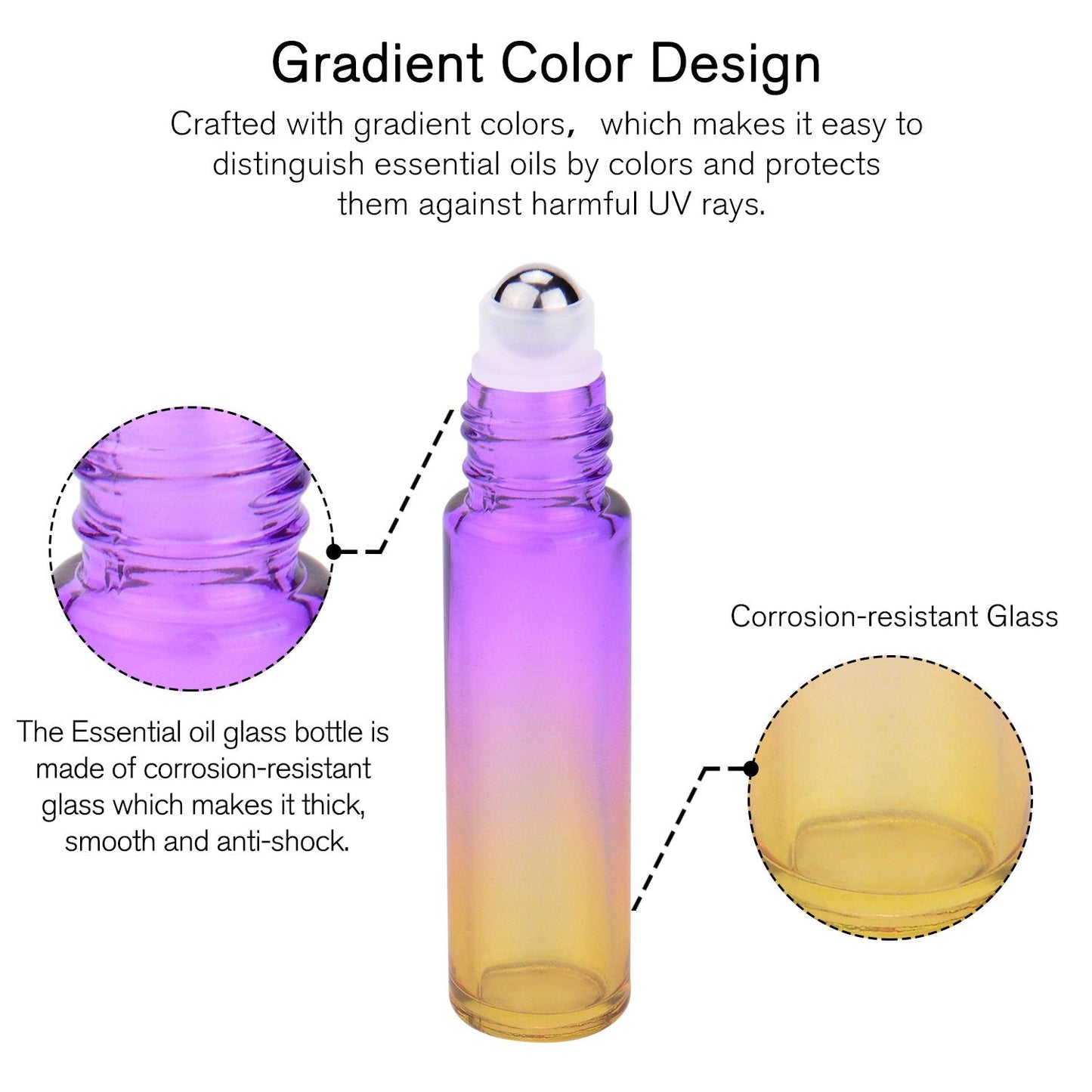 PrettyCare 12 Pack, 10 ml Essential Oil Roller Bottles with Stainless Steel Roller Ball - Refillable Leak-proof Empty Thick Rainbow Glass Roll on Bottles with Metal Caps for Travel, Perfume