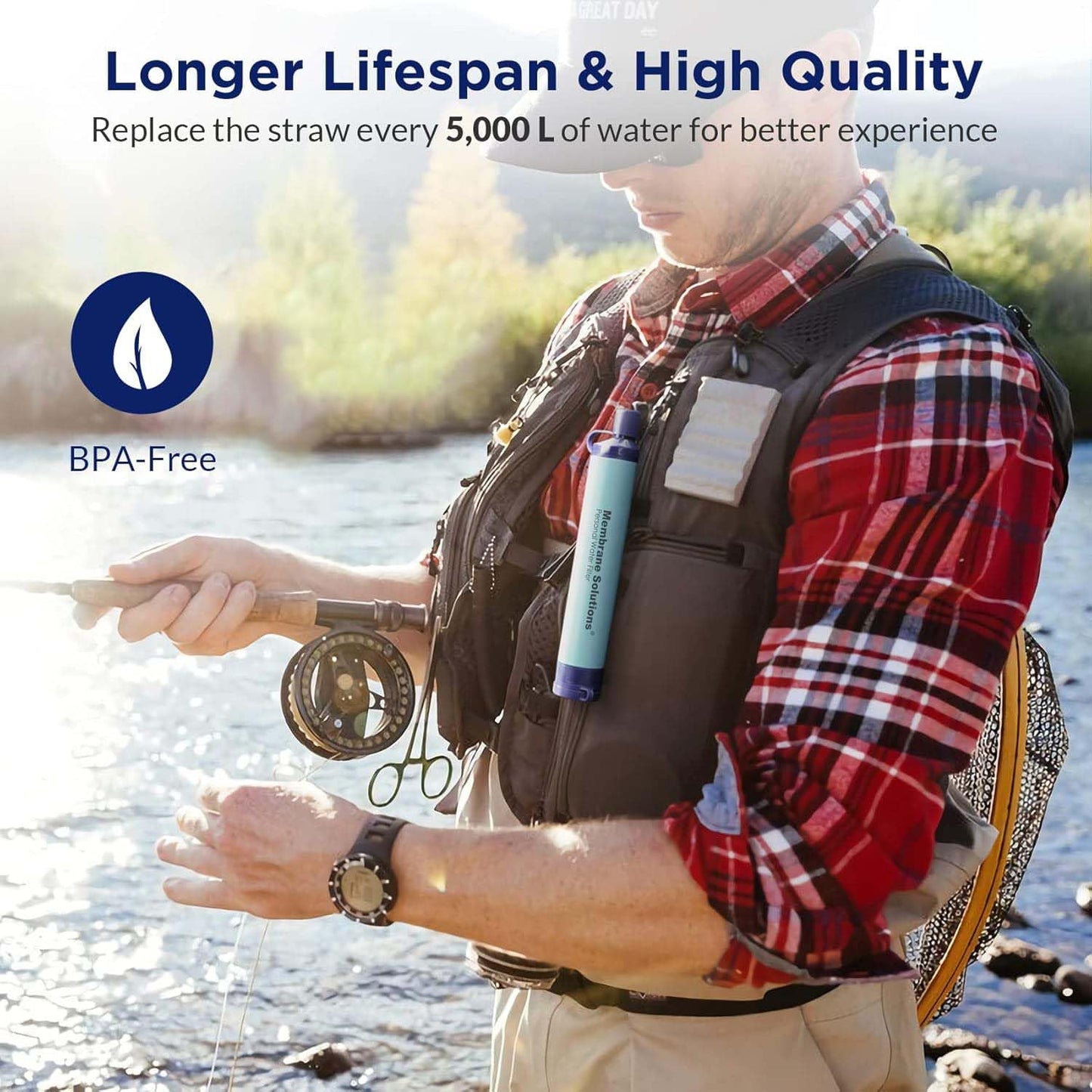 Membrane Solutions Straw Water Filter S1, NSF/ANSI 42&372&401 certificated, Survival Filtration Portable Gear, Emergency Preparedness, Supply for Drinking Hiking Camping Team Family Outing, 4 Pack