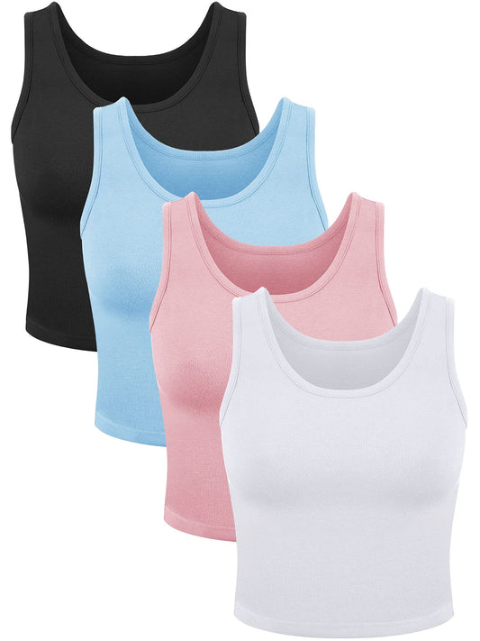 4 Pieces Women Basic Crop Tank Top Short Sleeveless Sports Crop Top (Pink, Black, Blue, White, Small)