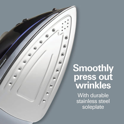 Hamilton Beach Steam Iron for Clothes & Garment Steamer with Smooth Press Stainless Steel Soleplate, 1200 Watts, 8’ Retractable Cord, Black (14214)