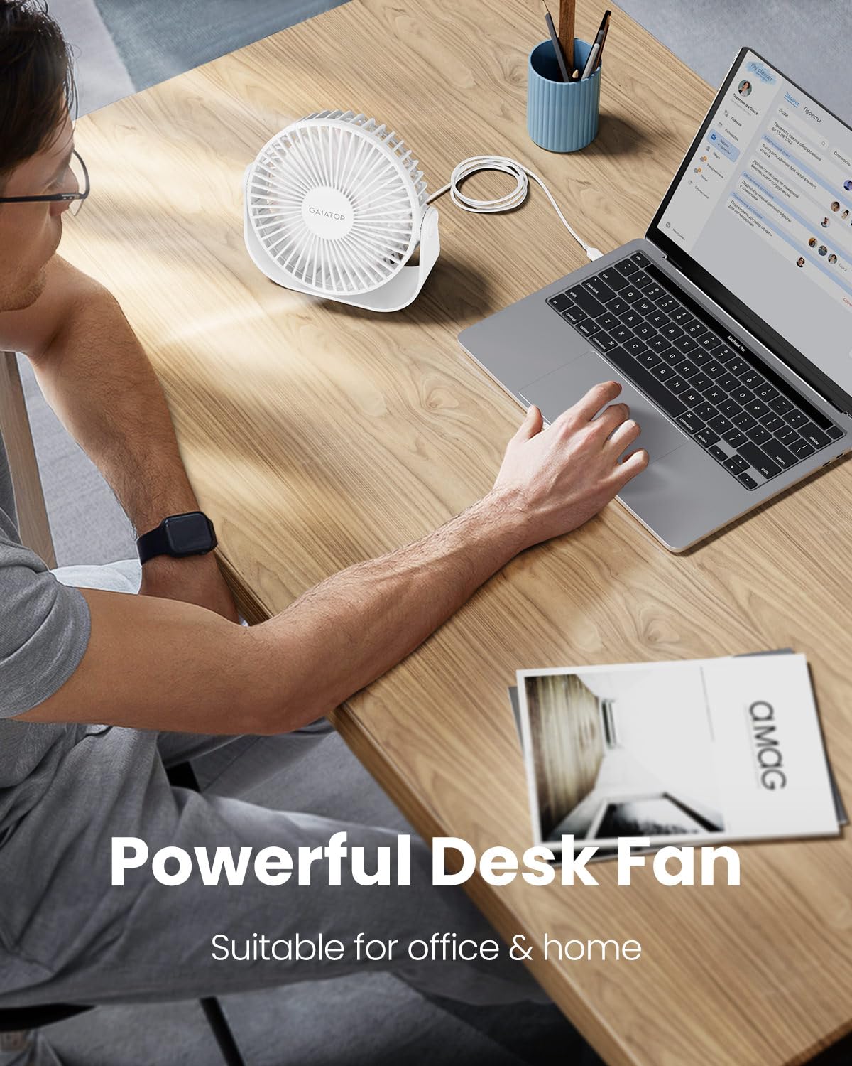 Gaiatop USB Desk Fan, 3 Speeds Strong Airflow, 5.5 Inch Portable 90° Rotate Quiet Cooling, Small Personal Table Fans for Bedroom Home Office Travel White