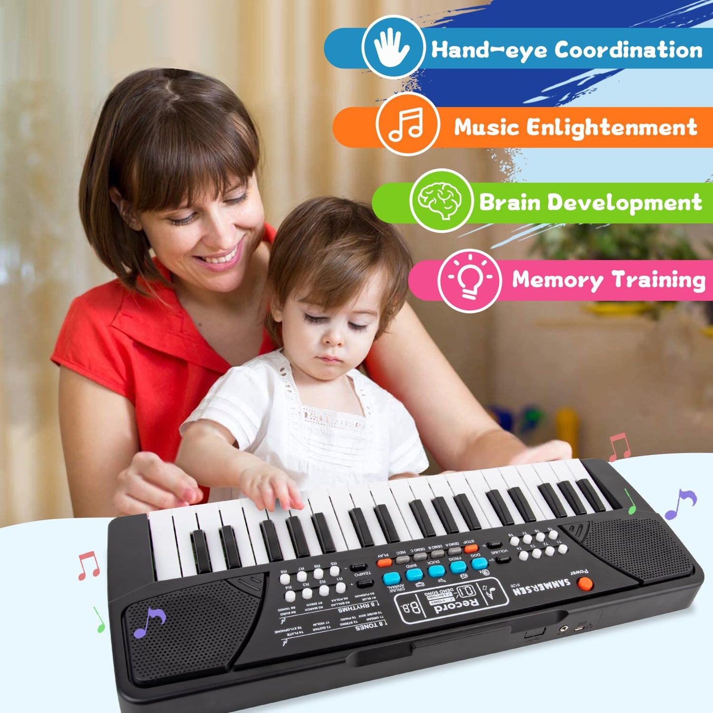 M SANMERSEN Kids Piano Keyboard, Piano for Kids with Microphone Portable Electronic Keyboards for Beginners 37 Keys Musical Toy for 3/4/5/6 Year Old Girls Boys