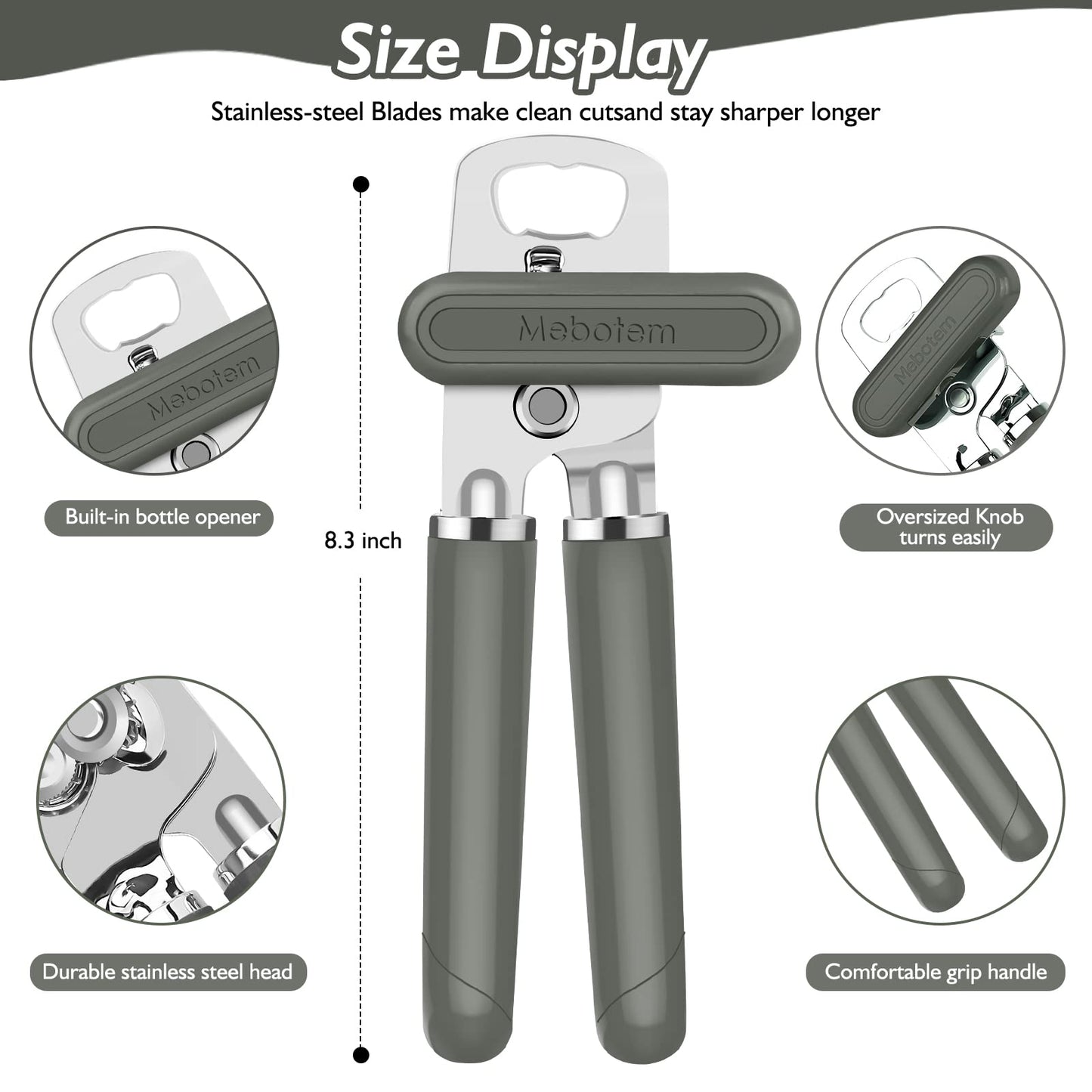 Mebotem 10 Colors Can Opener Manual Handheld Heavy Duty Hand Can Opener Smooth Edge Stainless Steel Can Openers Top Lid Kitchen Gadgets, Best Large Rated Easy Turn Knob, with Bottle Opener, Gray