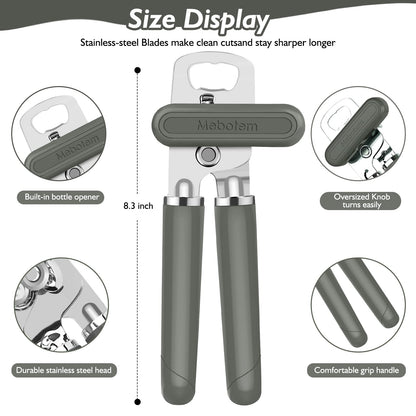 Mebotem 10 Colors Can Opener Manual Handheld Heavy Duty Hand Can Opener Smooth Edge Stainless Steel Can Openers Top Lid Kitchen Gadgets, Best Large Rated Easy Turn Knob, with Bottle Opener, Gray