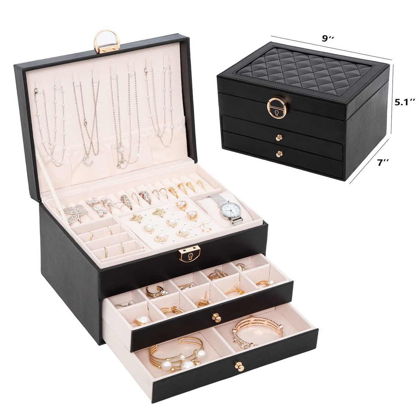 GUOER Jewelry Box for Women Girl Wife 3 Layers Large PU Leather Jewelry Organizer Storage Case with Two drawers Display for Earrings Bracelets Rings Watches (Black)