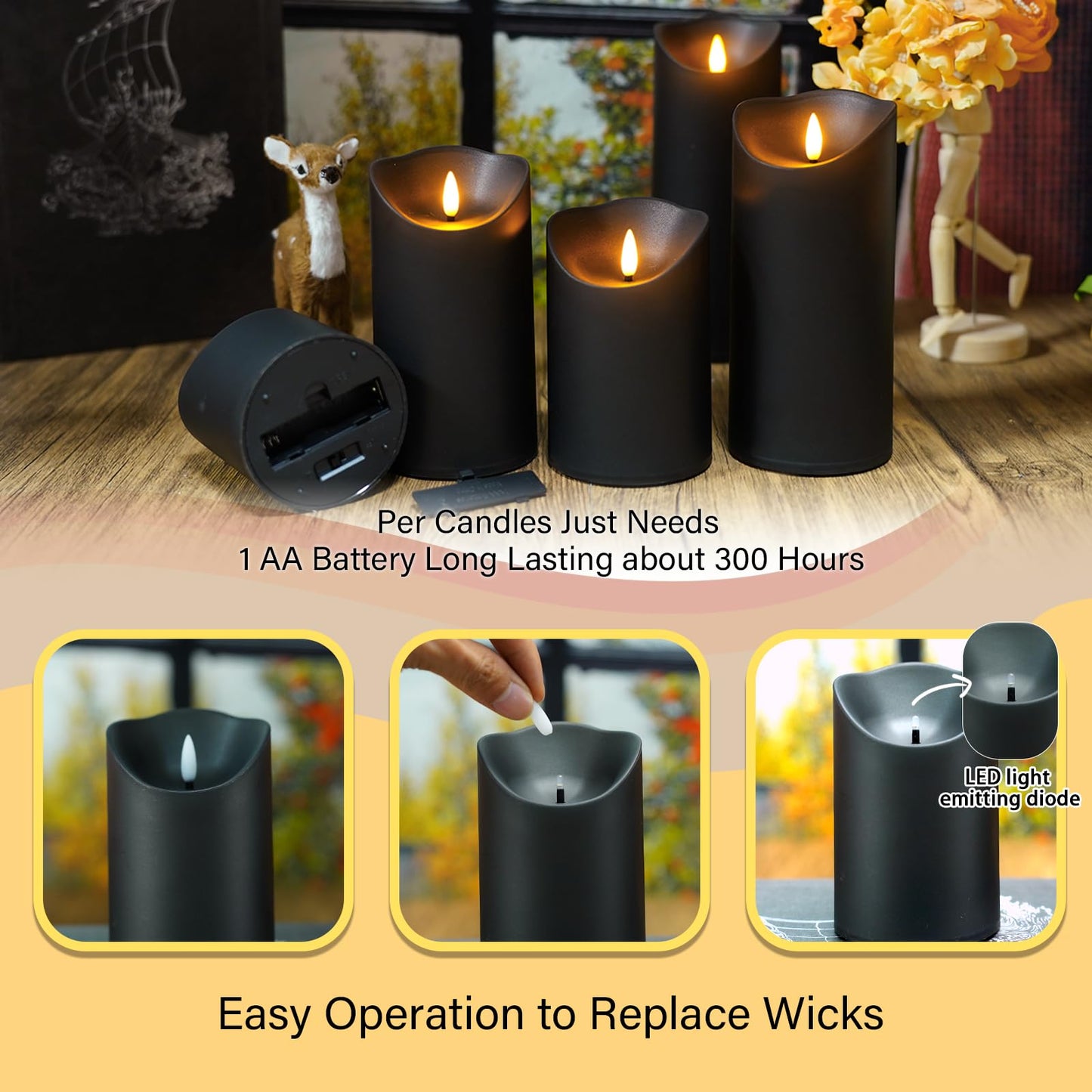 Nimiko Flameless Candles with Remote, Battery Operated Flickering Flameless Candles, LED Candles with Timer 2/4/6/8H, with Realistic LED Candles Set of 9 (D3 x H 3" 4" 5" 6" 7") (Black)