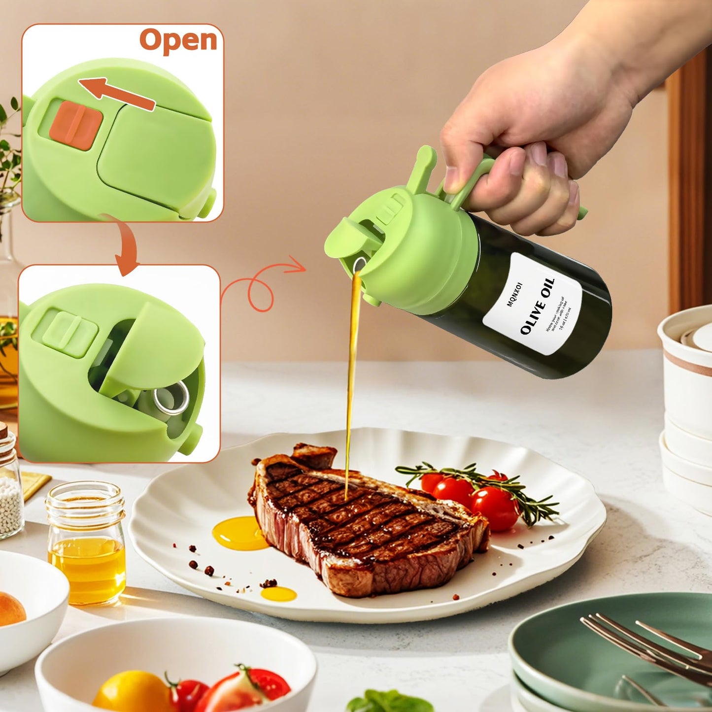 mqnxoi 2 in 1 Glass Oil Sprayer & Dispenser,16oz/470ml Olive Cooking, Air Fryer, and Salad, for Kitchen Gadgets and Air Fryer Accessories, w/Stickers (Black + Dark Green Bottle 2)