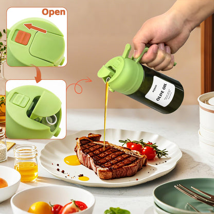 mqnxoi 2 in 1 Glass Oil Sprayer & Dispenser,16oz/470ml Olive Cooking, Air Fryer, and Salad, for Kitchen Gadgets and Air Fryer Accessories, w/Stickers (Black + Dark Green Bottle 2)