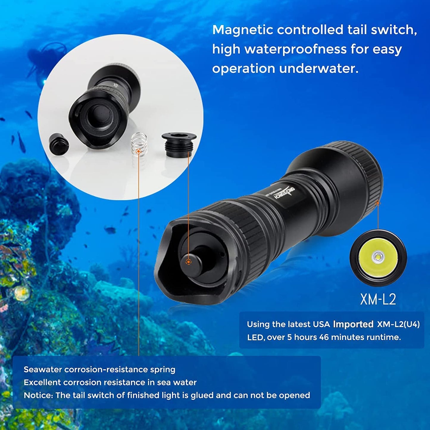 ORCATORCH D550 Dive Light 1000 Lumens Scuba Diving Flashlight 3 Modes IP68 Waterproof Underwater Lights Night Dive Submarine Torch with Wrist Mount for Outdoor Exploration Under Water Sports