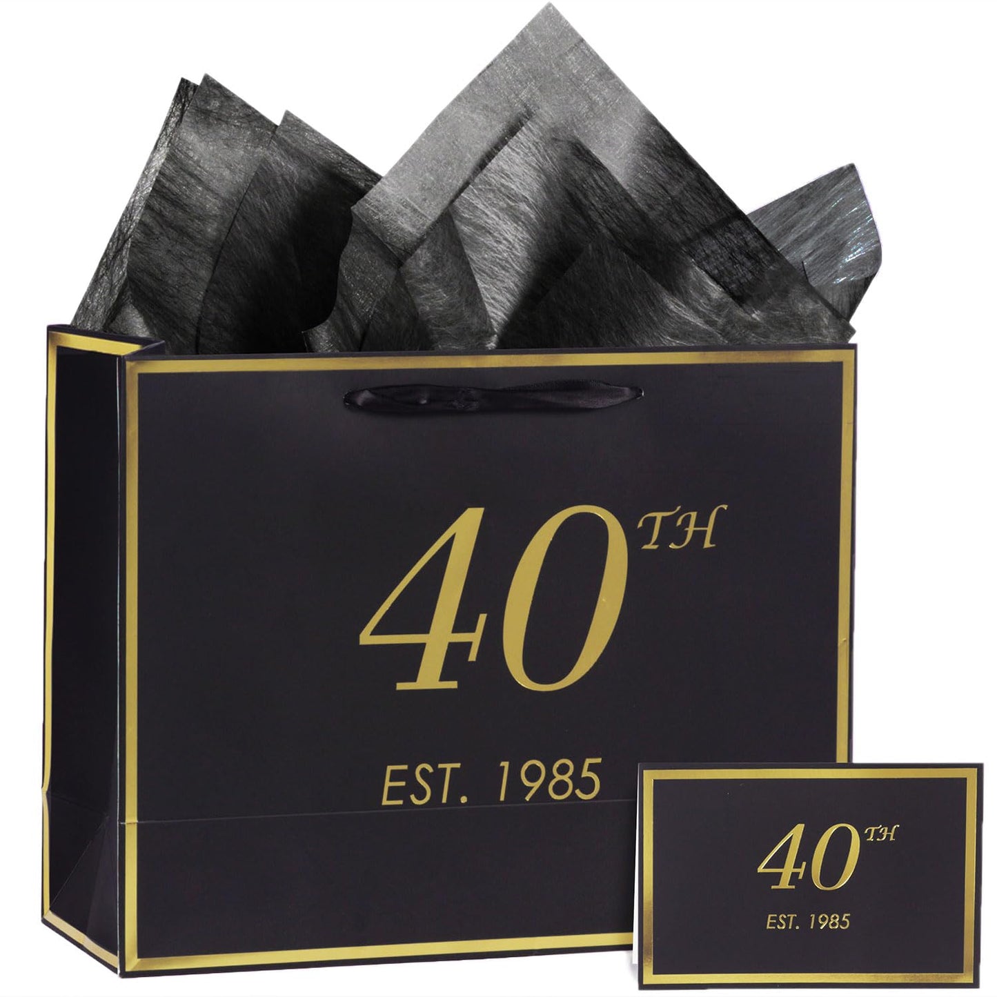 momoake 40th Birthday Gift Bag with Card and Tissue Paper for Men Women, 1985 40 Year Old 13" Elegant Black Gold Anniversary Keepsake Party Present Shopping Paper Bags for Gifts Wrapping (1985 40th)