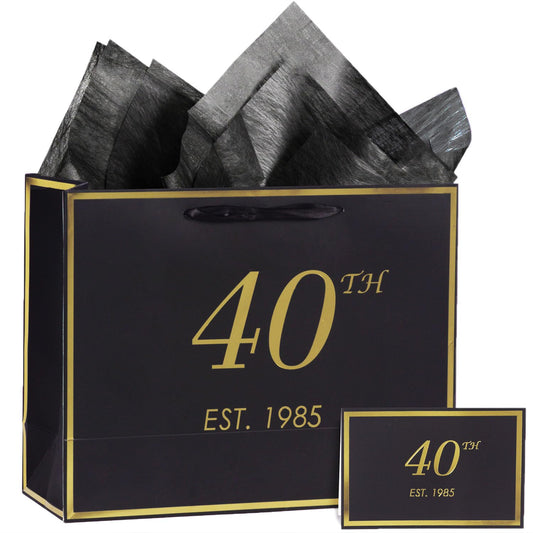 momoake 40th Birthday Gift Bag with Card and Tissue Paper for Men Women, 1985 40 Year Old 13" Elegant Black Gold Anniversary Keepsake Party Present Shopping Paper Bags for Gifts Wrapping (1985 40th)
