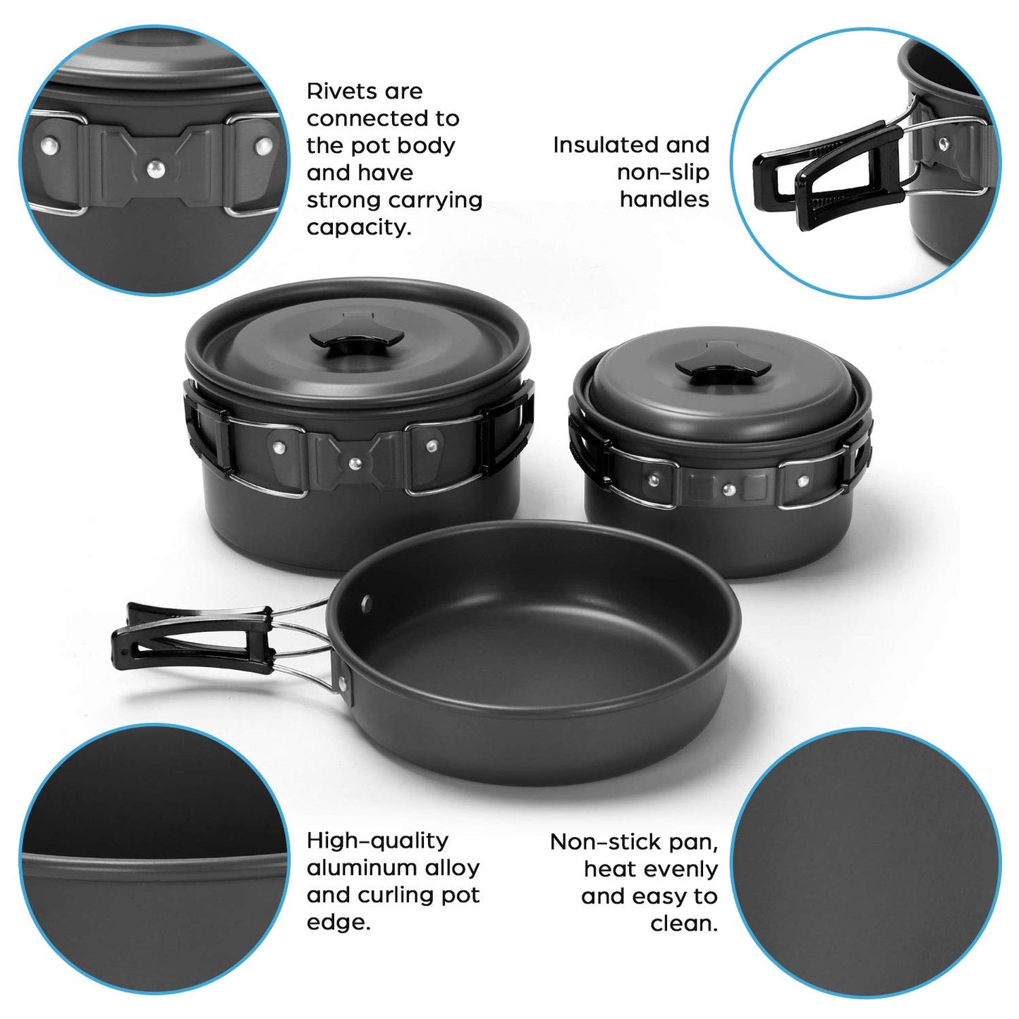 Odoland 15pcs Camping Cookware Mess Kit, Non-Stick Lightweight Pots Pan Set with Stainless Steel Cups Plates Forks Knives Spoons for Camping, Backpacking, Outdoor Cooking and Picnic