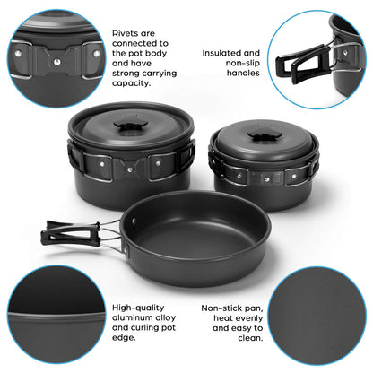 Odoland 15pcs Camping Cookware Mess Kit, Non-Stick Lightweight Pots Pan Set with Stainless Steel Cups Plates Forks Knives Spoons for Camping, Backpacking, Outdoor Cooking and Picnic