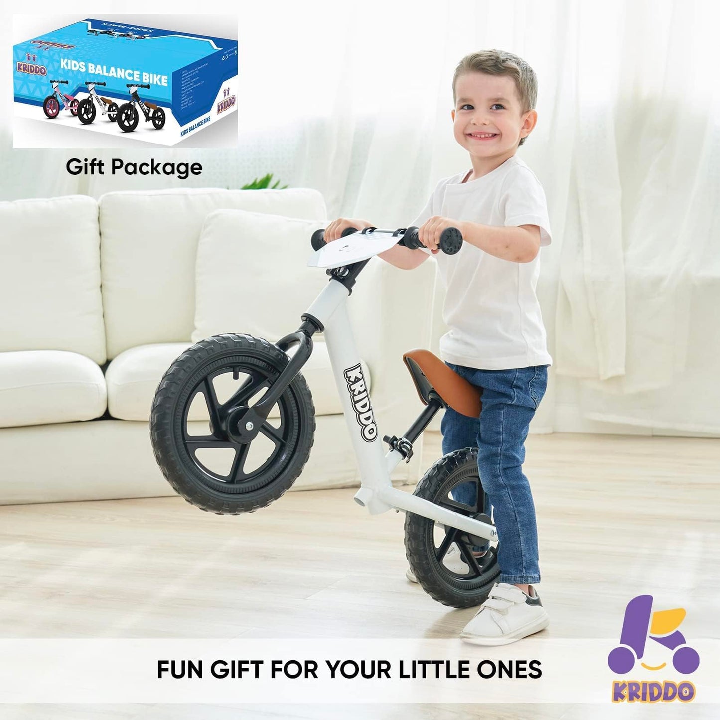 KRIDDO Toddler Balance Bike 2 Year Old, Age 24 Months to 5 Years Old, 12 Inch Push Bicycle with Customize Plate (3 Sets of Stickers Included), Gift Bike for 2-3 Boys Girls, White