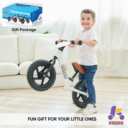 KRIDDO Toddler Balance Bike 2 Year Old, Age 24 Months to 5 Years Old, 12 Inch Push Bicycle with Customize Plate (3 Sets of Stickers Included), Gift Bike for 2-3 Boys Girls, White