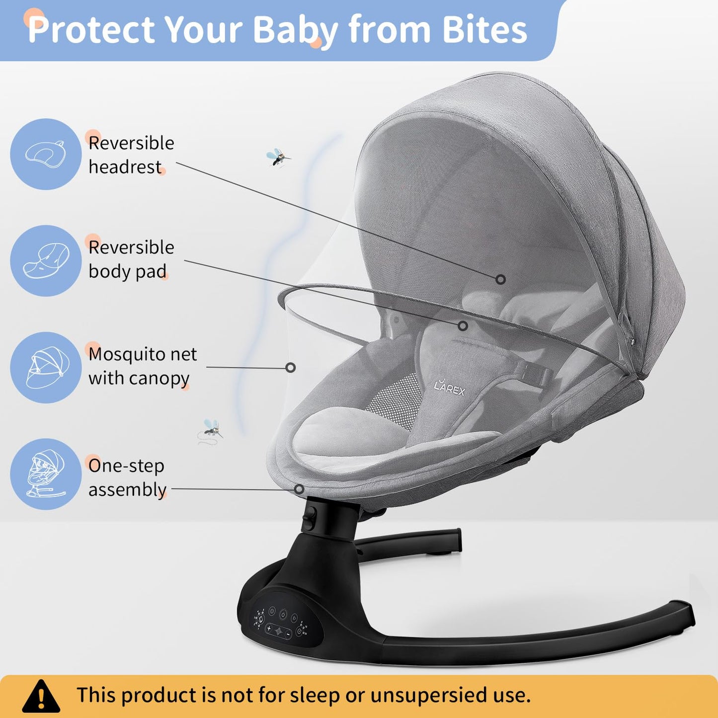 LAREX Baby Swing Infant Swing Electric Toddler Baby Rocker Portable for Newborn Boy Girl, 5 Sway Speeds with Remote Control, 10 Preset Melodies and Bluetooth, 0-6 Months Max 20 Lbs (Black)