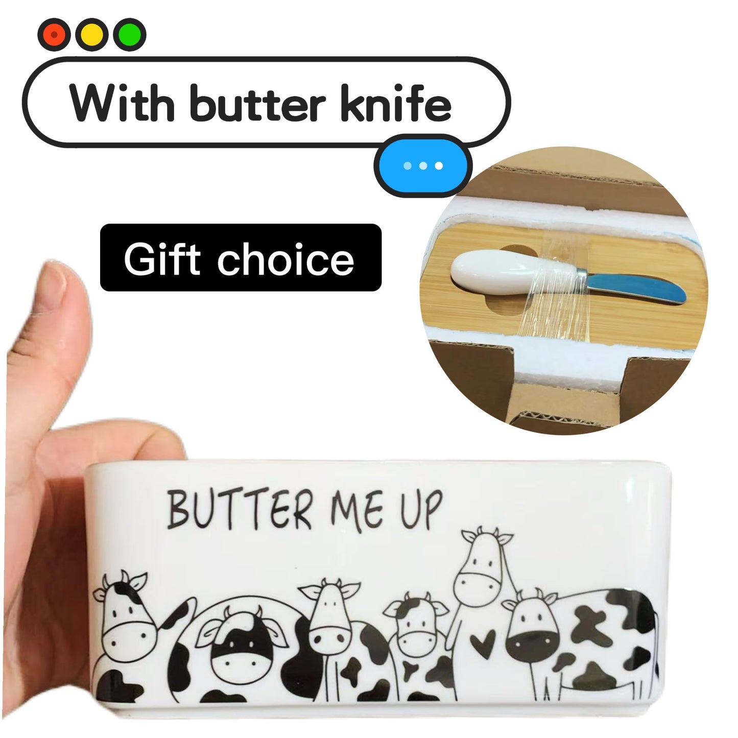 Lumicook Porcelain Butter Dish with Lid, Natural Bamboo Lid, Seal, Cow Butter Holder, Easily Fits 2 Sticks of Butter (Butter me up)