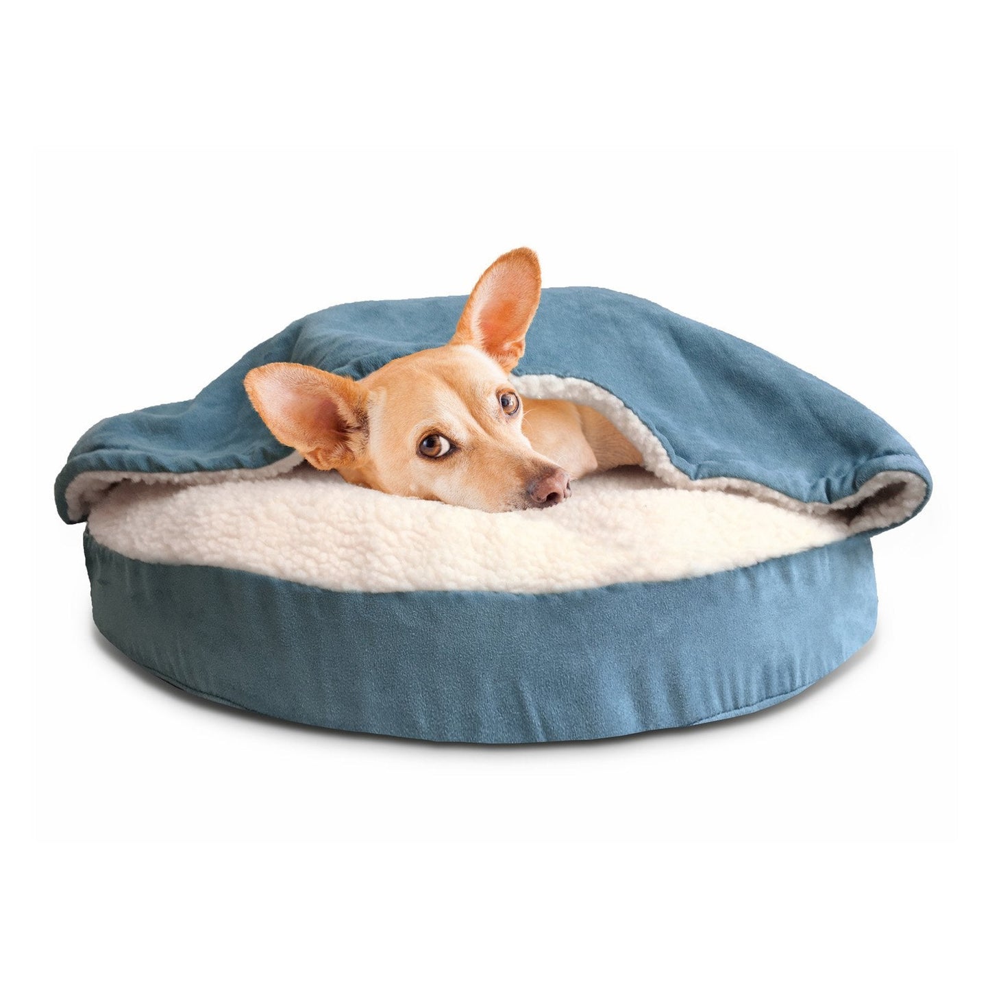 Furhaven 26" Round Orthopedic Dog Bed for Medium/Small Dogs w/ Removable Washable Cover, For Dogs Up to 30 lbs - Sherpa & Suede Snuggery - Blue, 26-inch
