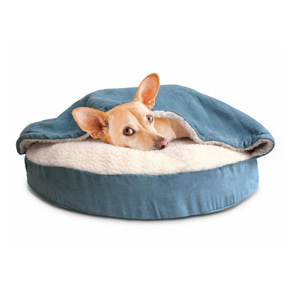 Furhaven 26" Round Orthopedic Dog Bed for Medium/Small Dogs w/ Removable Washable Cover, For Dogs Up to 30 lbs - Sherpa & Suede Snuggery - Blue, 26-inch