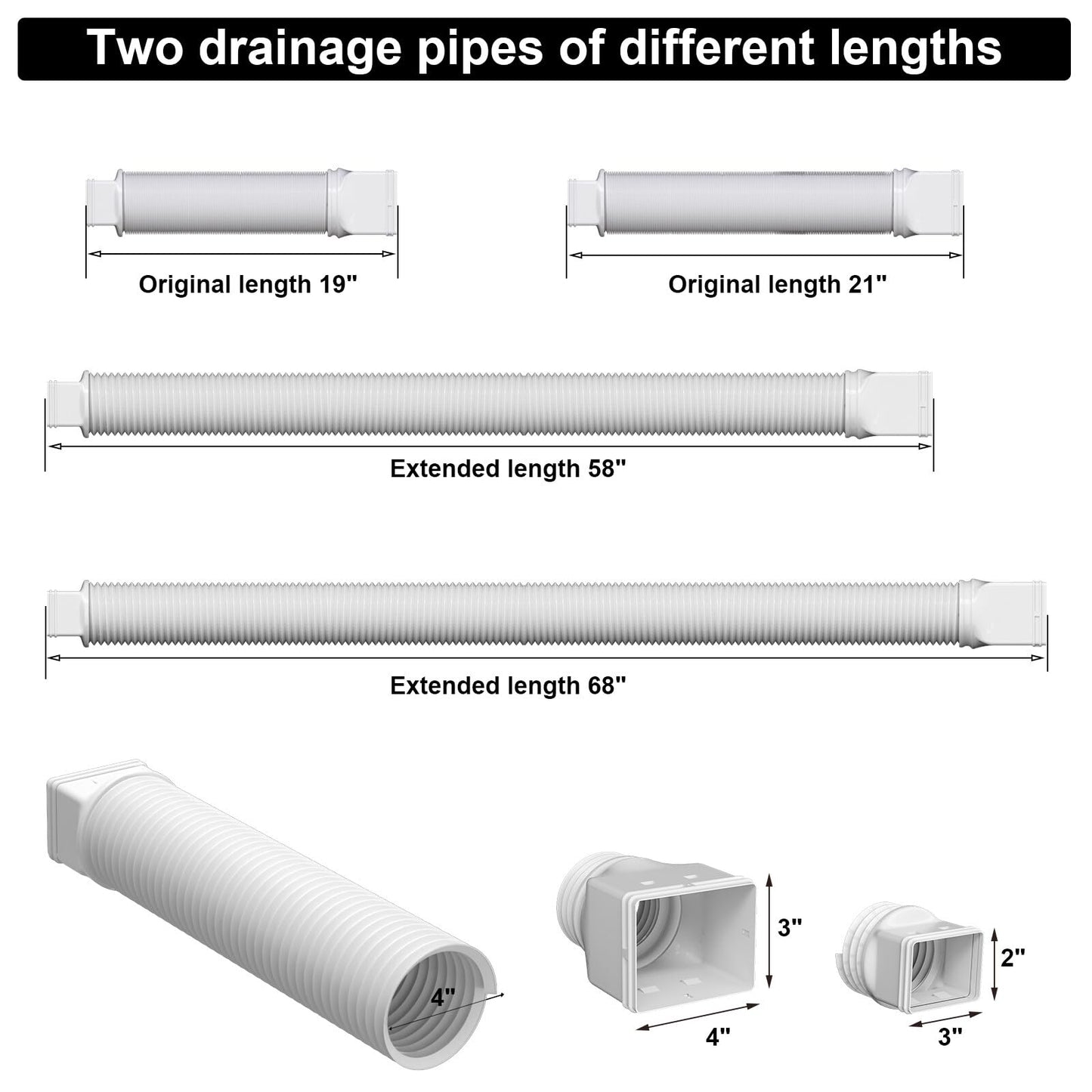 plusgutter 2 Pack Rain Gutter Downspout Extensions, Flexible Downspout Extender with 58"+68" Extendable Pipes for Rain Water Drainage, Durable Down Spout Drain Extension with Connector (White)