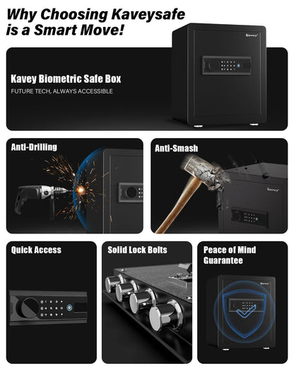 Kavey 2.0 Cub Biometric Safe Box, Fingerprint Safe with Backlit Touch Screen Keypad and Dual Alarm System, Steel Security Lock Box With Mute Function and LED Light, 12.59"D x 14.96"W x 17.72"H