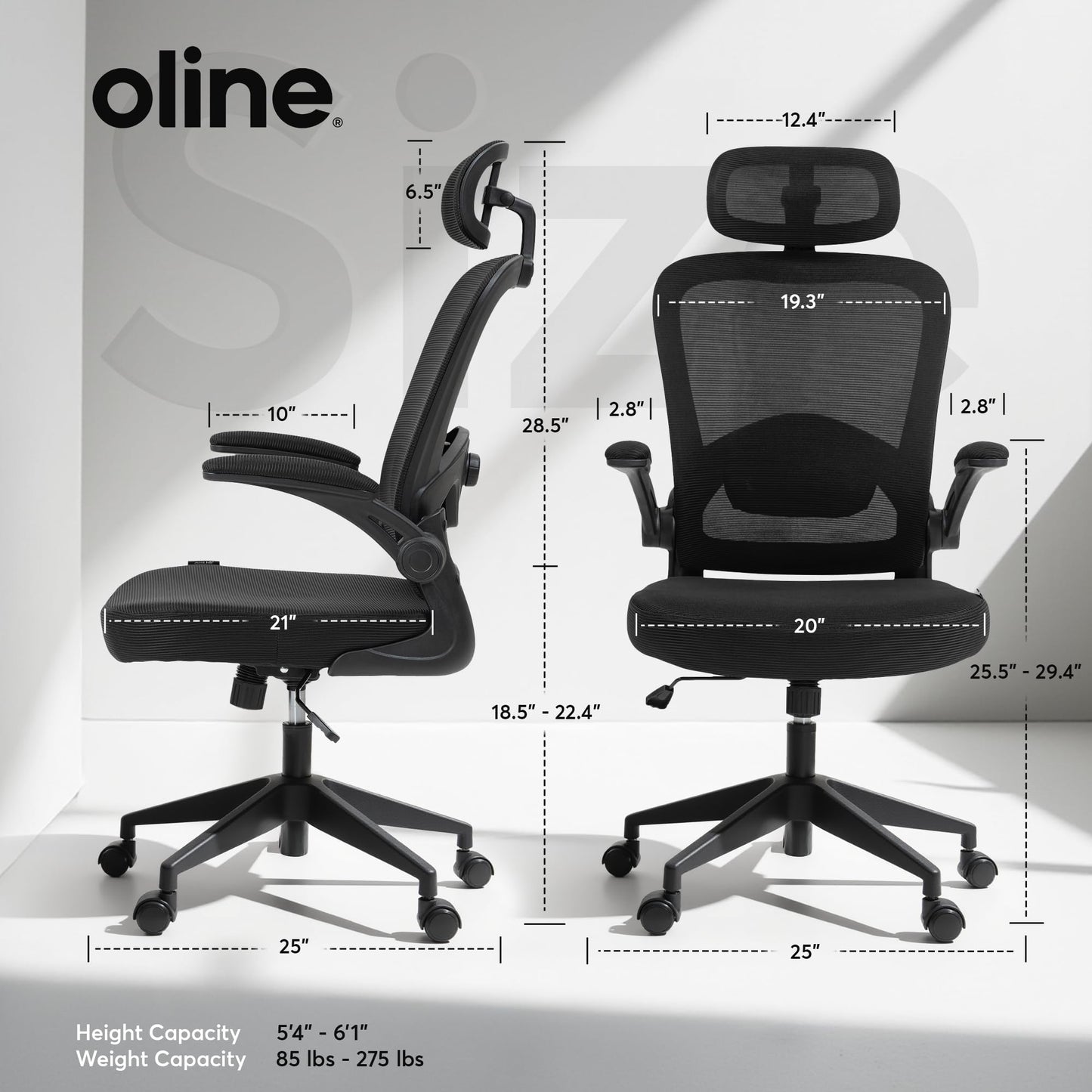 Oline ErgoAir Ergonomic Office Chair – Adjustable Lumbar Support, Flip-Up Armrests, Mesh Computer Desk Chair, Swivel Rolling Executive Gaming Chair for Home & Office (Black)