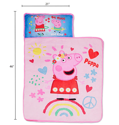 NoJo Peppa Pig I'm so Happy Toddler Nap Mat - Includes Attached Pillow and Fleece Blanket