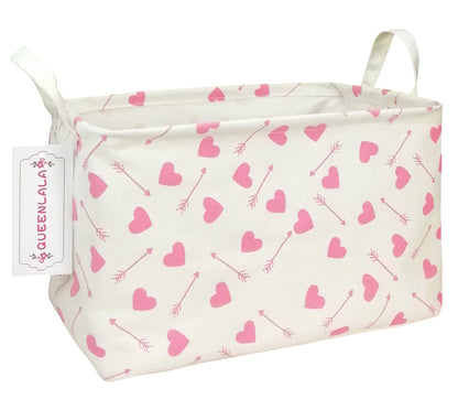 QUEENLALA Rectangular Laundry Hamper/Foldable Nursery Laundry Basket for Organizing/Storage Bin Baskets/Children Toy Office Bedroom/Toy Bin Closet Shelf Baskets（Rec-Pink-Heart Arrow）