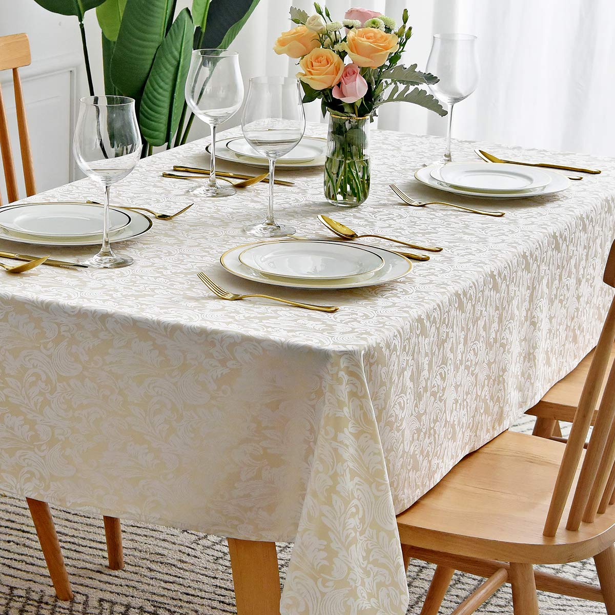maxmill Jacquard Table Cloth Damask Pattern Spillproof Wrinkle Resistant Heavy Weight Soft Tablecloth for Kitchen Dinning Tabletop Outdoor Picnic Rectangle 52 x 70 Inch Beige