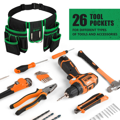 Magnetic Tool Belt for Men, 26 Pockets Heavy Duty Tool Pouch, Magnet Holster Nail Utility Toolbelt Detachable Adjustable Waist Holder for Handyman Contractor Mechanic Plumber Roofer Dad Gift -Green