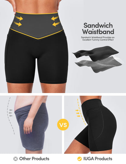 IUGA Compression Biker Shorts Women Tummy Control with Pockets Workout Gym Shorts High Waisted Yoga Running Shorts Spandex Black
