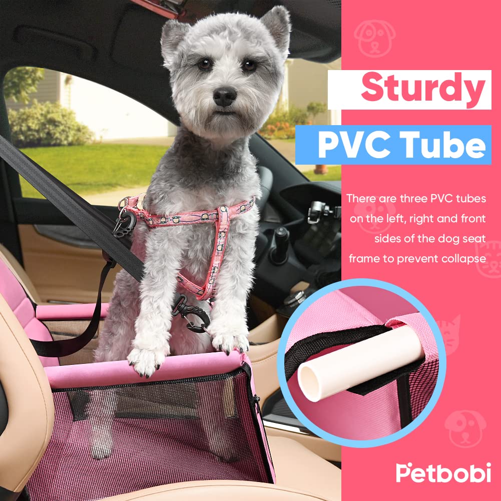 Petbobi Pet Reinforce Car Booster Seat for Dog Cat Portable and Breathable Bag with Seat Belt Dog Carrier Safety Stable for Travel Look Out,with Clip on Leash with PVC Tube, Pink