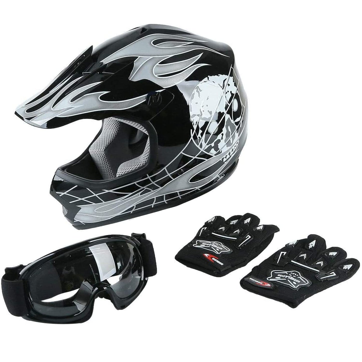 SLMOTO Youth Kids Motocross Offroad Street Helmet Motorcycle Helmet Dirt Bike ATV DOT Approved Black Skull Helmet+Goggles+Gloves Black Skull Design Small