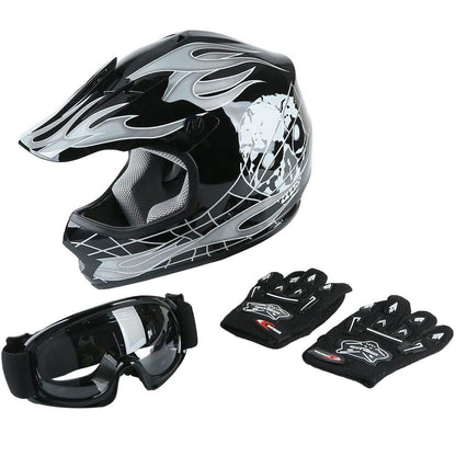 SLMOTO Youth Kids Motocross Offroad Street Helmet Motorcycle Helmet Dirt Bike ATV DOT Approved Black Skull Helmet+Goggles+Gloves Black Skull Design Small