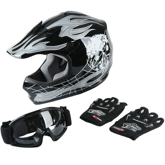 SLMOTO Youth Kids Motocross Offroad Street Helmet Motorcycle Helmet Dirt Bike ATV DOT Approved Black Skull Helmet+Goggles+Gloves Black Skull Design Small