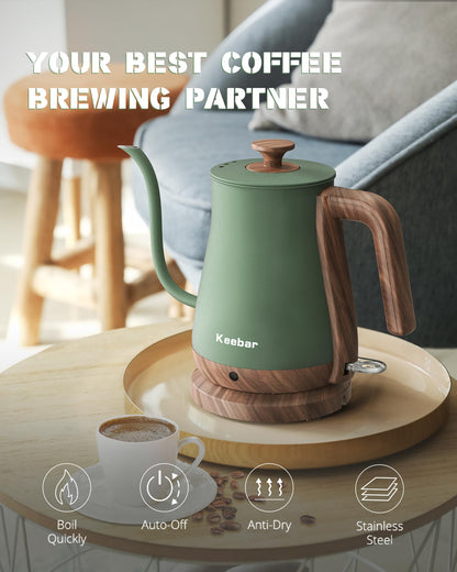 Keebar Gooseneck Electric Kettle, Electric Tea Kettle Stainless Steel, Pour over kettle for Coffee, 1000W Hot Water Kettle Electric Auto Shut Off, 0.8L, Wood-like Grain Finish Handle, Matcha Green