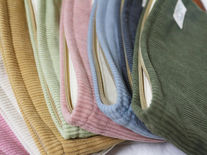 HAPPYHEIDI Creamy White Corduroy Makeup Bag Cosmetic Toiletry Travel Pouch, Make Up Accessory Purse Organizer, Canvas Lined