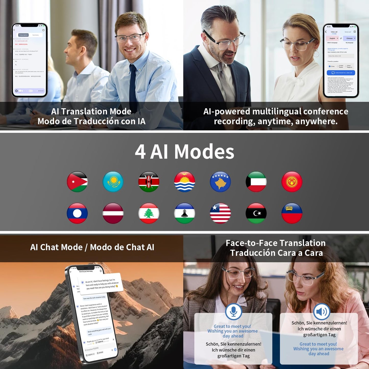 AI Translator Smart Glasses for Men Women, Bluetooth Audio Sunglasses with Photochromic Lenses, Voice Assistant, Open Ear Lighweight Eyeware, Real-Time Translation, Supports 160+ Languages (Silver)